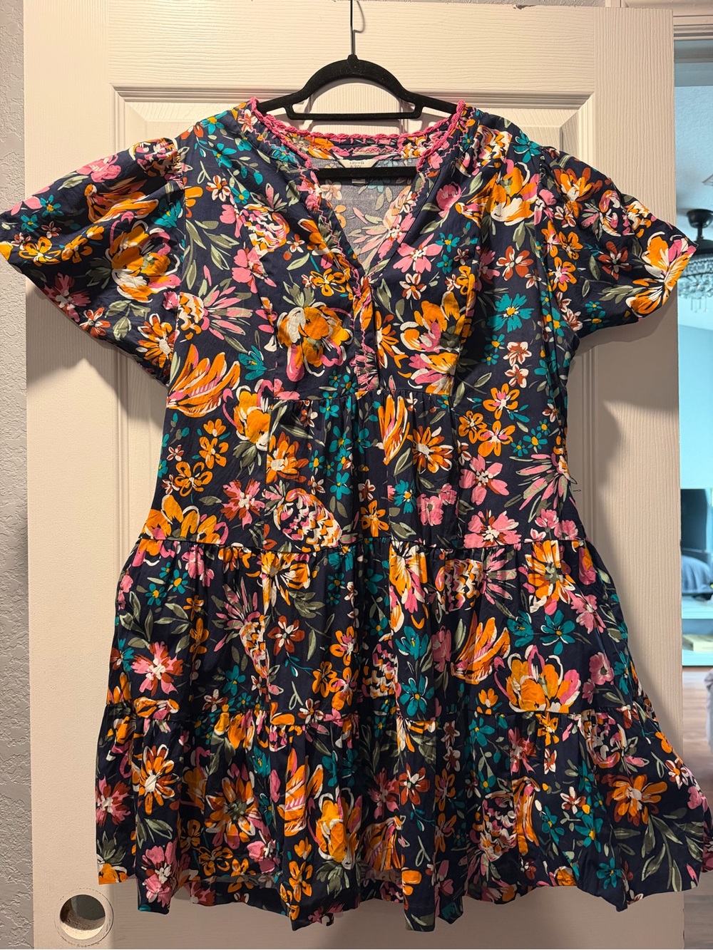 crown & ivy Navy Floral Tiered Mini Dress with Pink, Orange & Teal Accents
